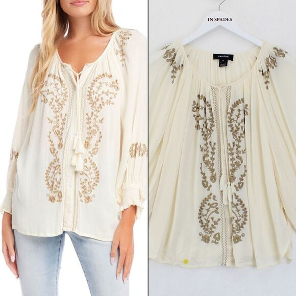 Karen Kane Embroidered Peasant Top in Cream - Picture 1 of 4